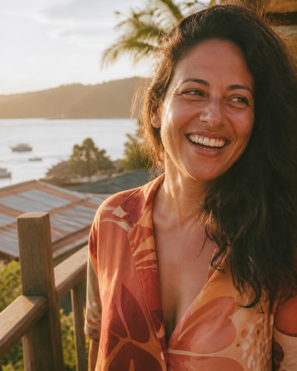 Mulher brasileira sorrindo em varanda à beira-mar na luz dourada do fim de tarde
